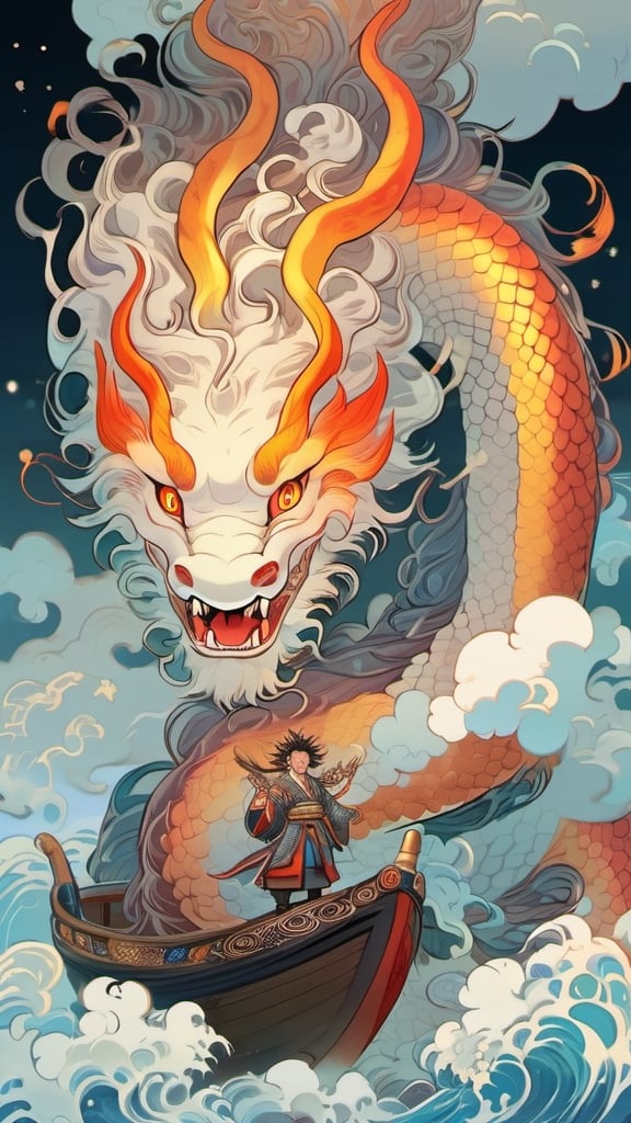 A colossal creature with a human head and human face and snake body,measuring over 500 miles in length,with hair that glows like flames.,yuhuo,long, (urly face::1),fire,dragon,perfecteyes,mythical clouds
