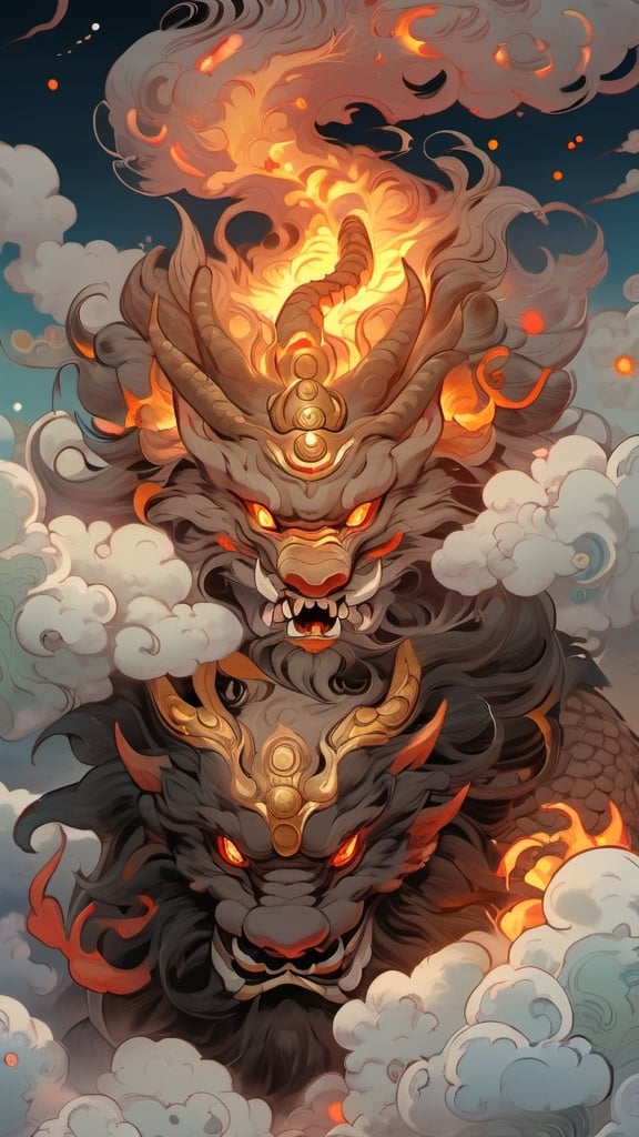 A colossal creature with a human head and human face and snake body,measuring over 500 miles in length,with hair that glows like flames.,yuhuo,long, (urly face::1),fire,dragon,perfecteyes,mythical clouds