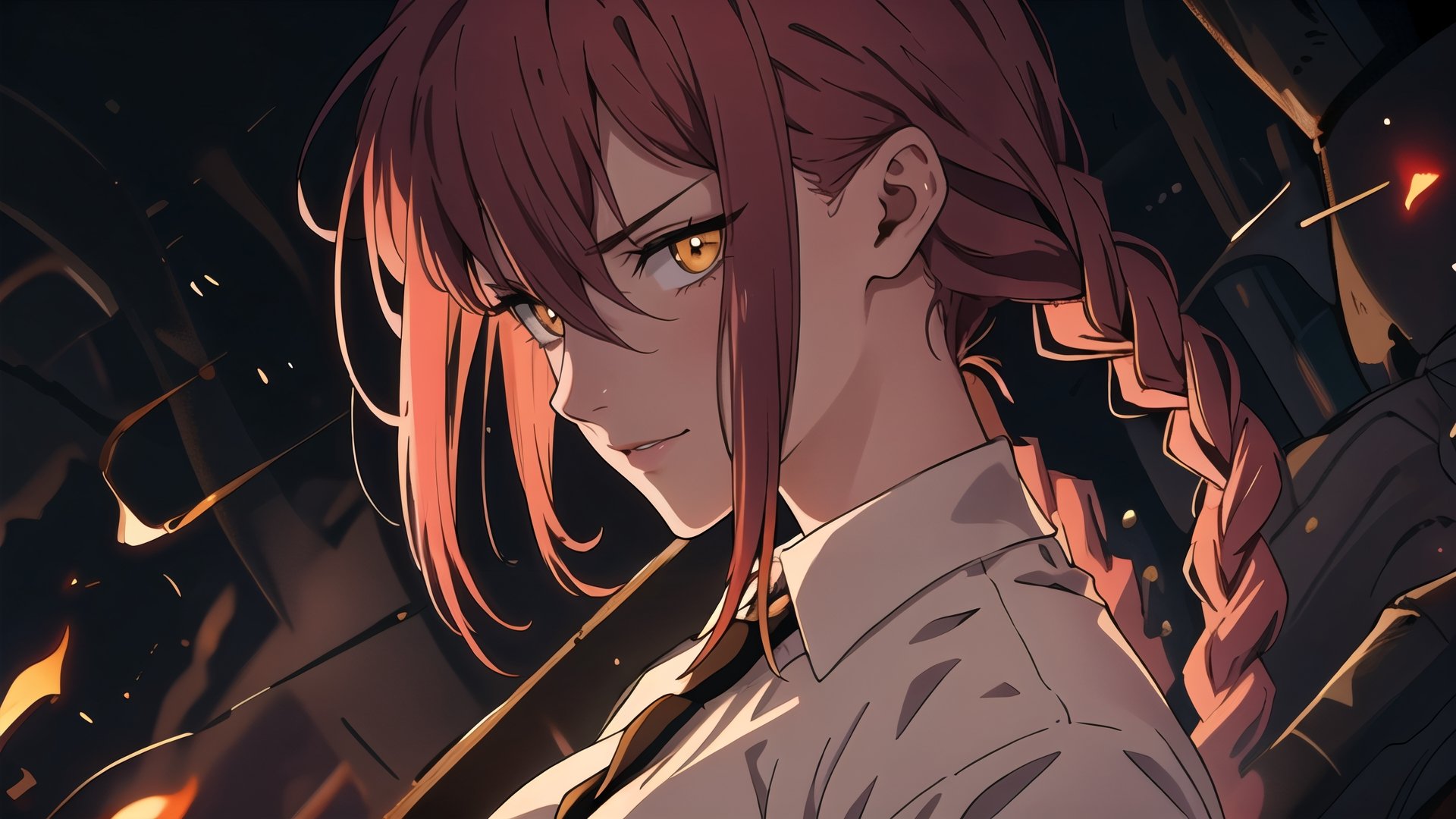 makima \(chainsaw man\), best quality, ultra detailed, 1girl, solo, standing, medium body, sexy, red hair, long braided hair, golden eyes, bangs, large breasts, white shirt, necktie, stare, (evil:1.2), looking at viewer, low key, (interview:1.3), (dark background, chains:0.9),ASU1