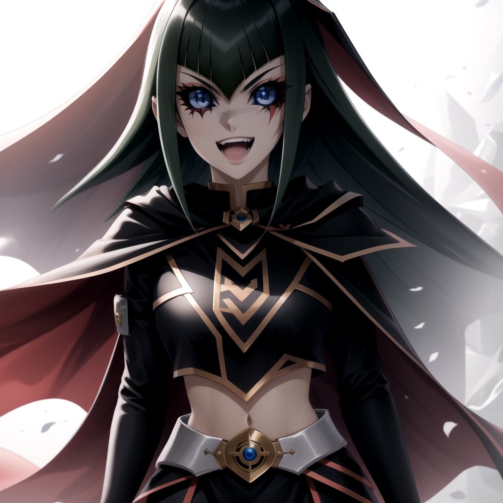 Pluba - Carly masterpiece, best quality, high quality, highly detailed,1girl, solo, long hair, smile, open mouth,  black_glove, navel, green hair, black gloves, elbow gloves, midriff, belt, blunt bangs, fingerless gloves, cape, crop top, fangs, (black_sclera),blue eyes, solid eyes,pupil, colored sclera, 