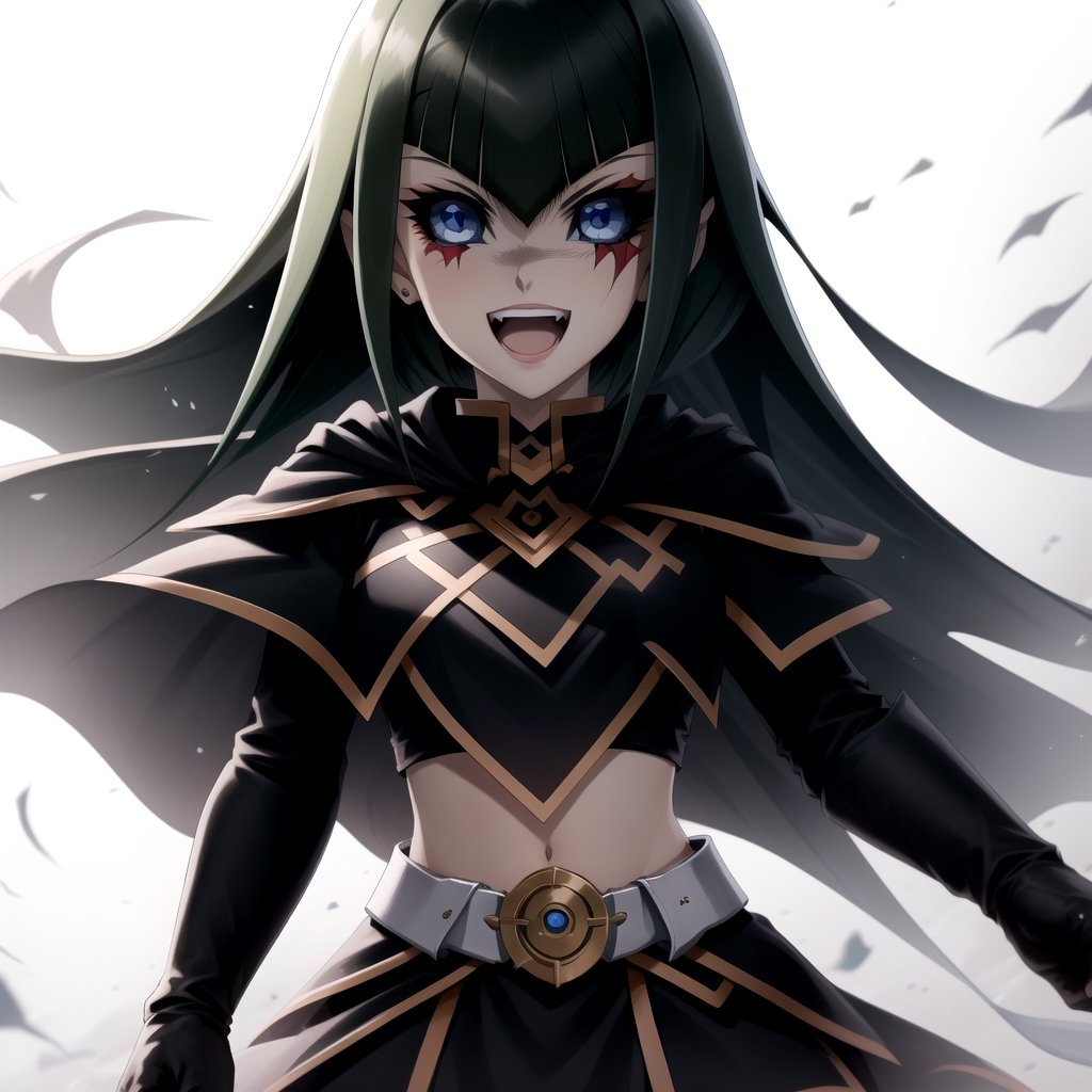 Pluba - Carly masterpiece, best quality, high quality, highly detailed,1girl, solo, long hair, smile, open mouth,  black_glove, navel, green hair, black gloves, elbow gloves, midriff, belt, blunt bangs, fingerless gloves, cape, crop top, fangs, (black_sclera),blue eyes, solid eyes,pupil, colored sclera, 