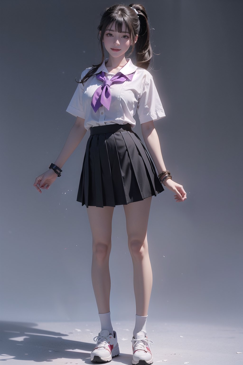 (best quality), ((masterpiece)), (highres), illustration, original, extremely detailed, (二次元大系·御姐篇_V1.0:0.7)zlqs, 1girl, mini skirt, solo, shoes, full body, white background, school uniform, brown hair, black skirt, simple background, smile, looking at viewer, jewelry, mini pleated skirt, clothes around waist, short sleeves, breasts, standing, sneakers, white shirt, bracelet, ponytail, shirt, serafuku, neckerchief, sailor collar, bangs, large breasts, socks, purple eyes, jacket, closed mouth, black sailor collar, sweater ,Realism