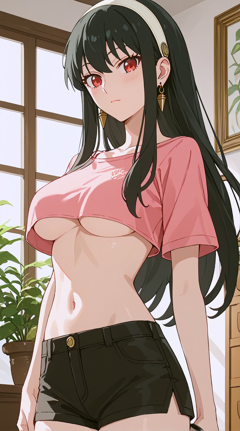 score_9_up, score_8_up, score_7_up, score_6_up, score_5_up, score_4_up, source_anime, 1girl,yor briar,black hair,red eyes,earrings,white hairband,long hair, pink crop top, underboobs, black shorts, inside drawing room, nice room background, aesthetic lighting, satisfied face, midriff, navel