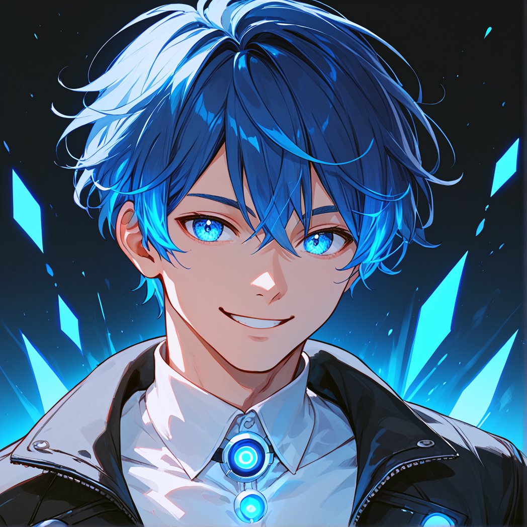 score_9, score_8_up, score_7_up, 1 boy, blue hair, short hair, blue eyes, smile, black jacket, white shirt, portrait, glowing, blue luminescence, digital background