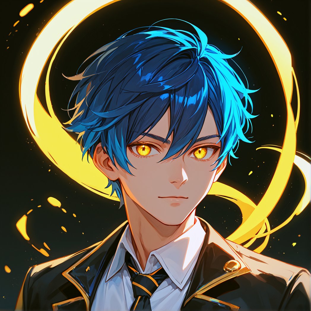 score_9, score_8_up, score_7_up, 1 boy, blue hair, short hair, yellow eyes, firm face, confident, black jacket, white shirt, portrait, glowing, goldenluminescence, digital background