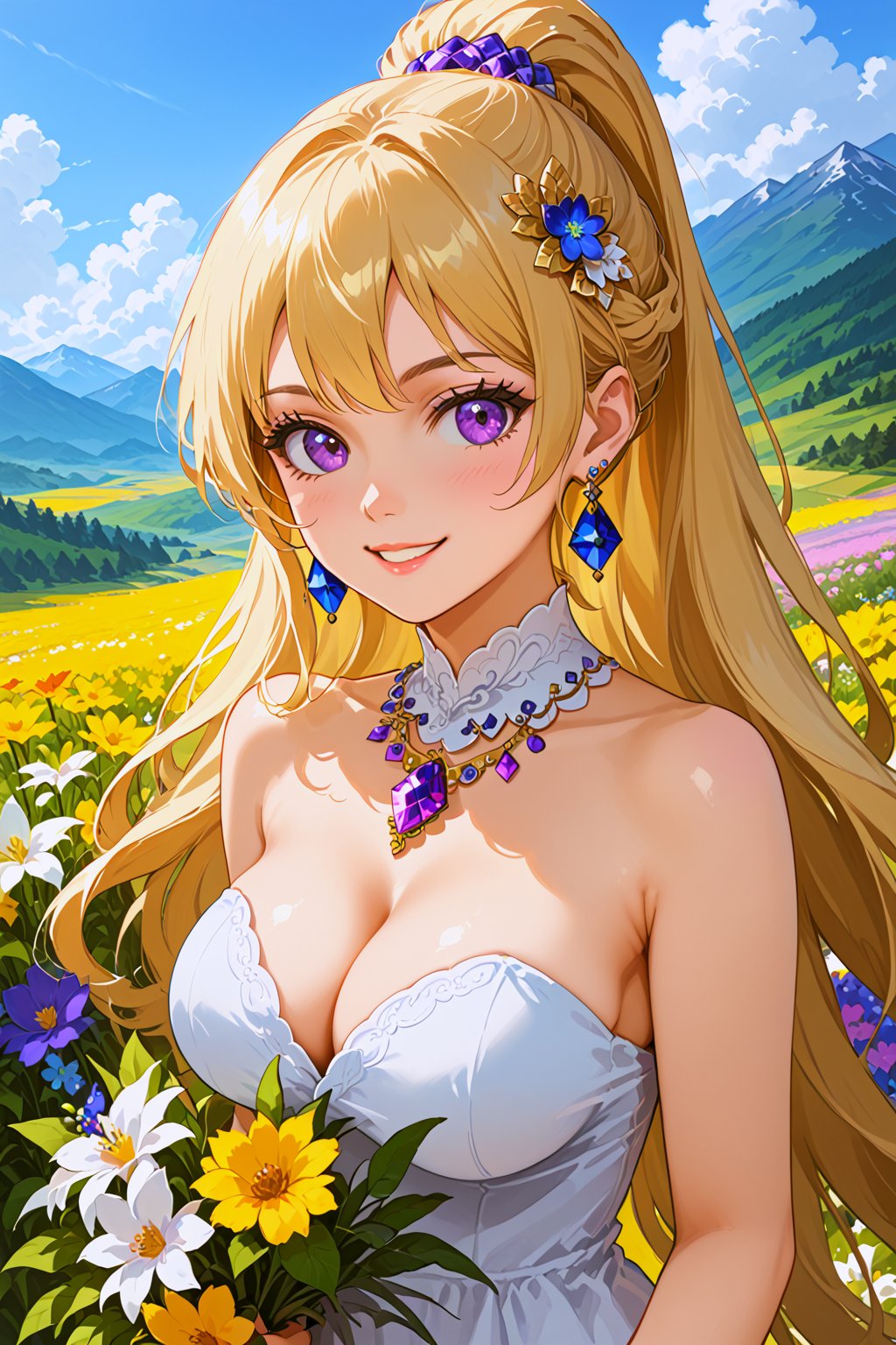 score_9, score_8_up, score_7_up, score_6_up, score_5_up, score_4_up, 1girl, blonde hair, purple eyes, long ponytail_hair, hair ornament, earrings, smile, blush, big breasts, purple and white dress, bare shoulders, sleeveless, strapless, cleavage, flowers, jewelery, bangles, outdoors, countryside, flowers, hills,valley, sunny morning, clouds, (masterpiece, aesthetic, high quality, high resolution:1.4), holding a bouquet of colorful flowers,perfect finger,hand, looking at viewer