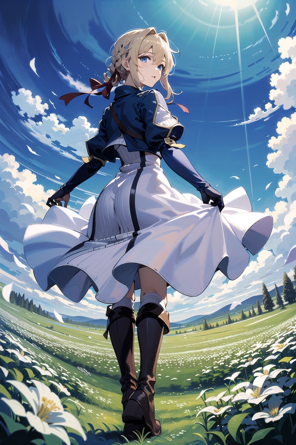 (Best quality,masterpiece:1.2),anzhcvioletevergarden, ,blue_jacket, white_dress, looking_at_viewer, thighhigh_boots, full_body,long_dress, flower field