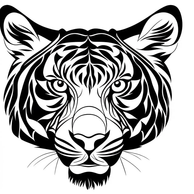 black and white, line art, tiger, head, front view