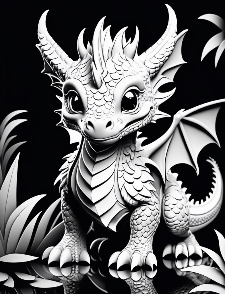 coloring book for kids, black and white, (full body shot:1.5) , cute, kawaii style, black and white, dragon shattered fractals , simple black and white background, thick lines, low detail, no shading