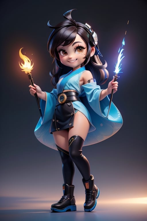 ((best quality)), ((masterpiece)), ((ultra-detailed)), high resolution, chibi girl, black fluffy hair, ahoge, brown eyes, futuristic clothing, dynamic pose, cute, smile, happy, simple background, full body, 3DMM, High detailed, chibi, smiling, dynamic pose, cyberpunk, blue hanfu, holding cyberpunk neon spear, High detailed 