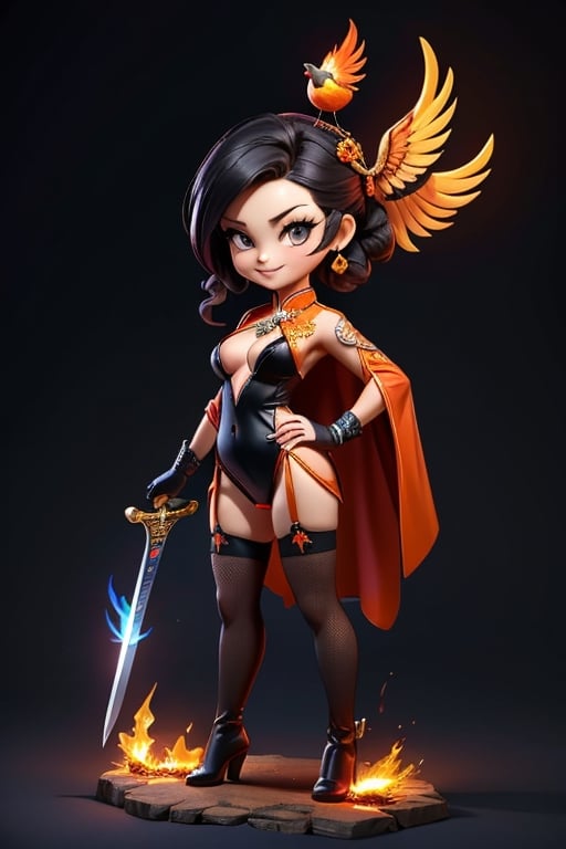 ((best quality)), ((masterpiece)), ((ultra-detailed)), high resolution, chibi girl, black ponytail, dark grey eyes, futuristic clothing, dynamic pose, cute, mischievous smile, happy, simple background, full body, 3DMM, chibi, dynamic pose, cyberpunk, black and red robe, long boots, phoenix robe, leather miniskirt, long_gloves, High detailed, sword, cleavage, sexy cheongsam, necklace, belly button, fishnet stockings, translucent bunnysuit,  see_through, chibi, big head, showing belly button, mini fire orange bird sitting on head