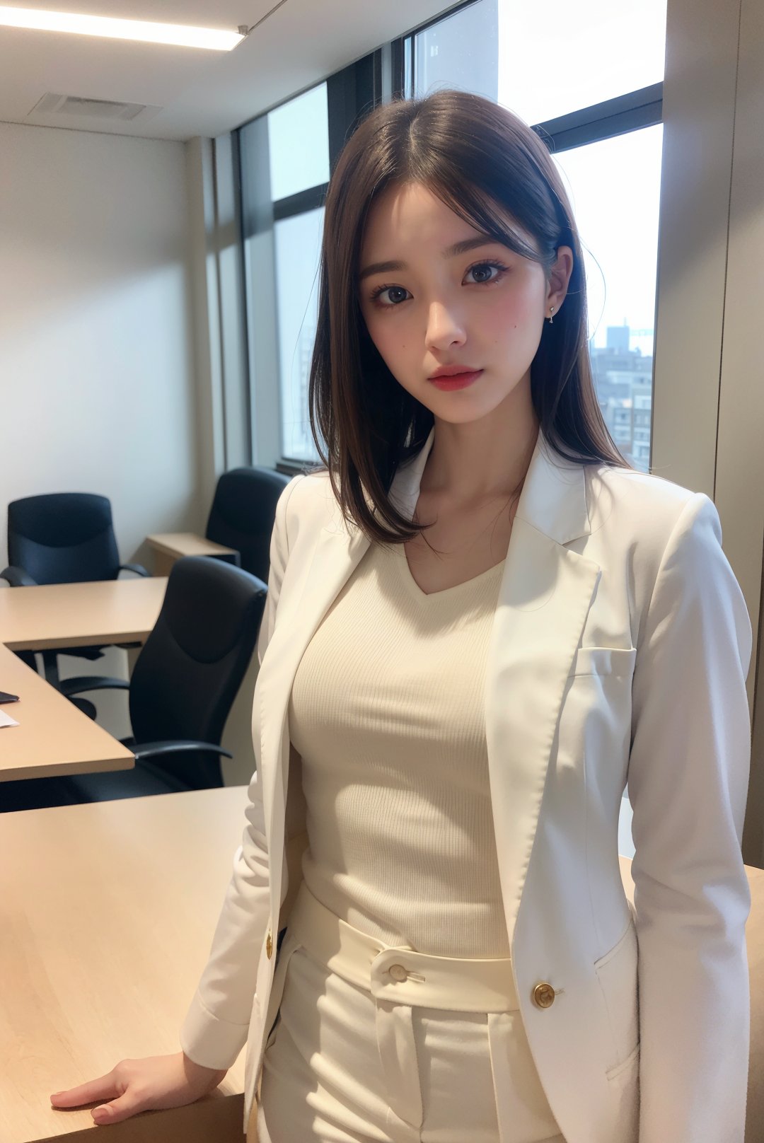 photorealistic:1.37, masterpiece, best quality, raw photo, absurdres, uhd, 1girl, wavy hair, brown hair, looking at viewer, in the large meeting room of the office in the high tower office building in Tokyo, Tokyo tower, intricate detail, detailed background, detailed skin, pore, highres, hdr, presentation to ten men, beautiful model, soft light to the face, JP_MODELS, medium breasts, a 30 yo woman,((white shirts, pants suits)), blurry_light_background