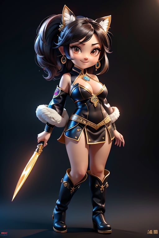 ((best quality)), ((masterpiece)), ((ultra-detailed)), high resolution, chibi girl, fluffy black hair, brown eyes, futuristic clothing, dynamic pose, cute, lite smile, happy, simple background, full body, 3DMM, High detailed, chibi, dynamic pose, cyberpunk, hanfu, showing shoulders, ear_ring, pony_tail, long boots, cleavage, necklace, big_boobs,