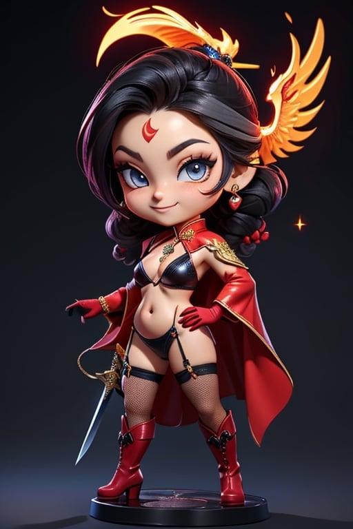 ((best quality)), ((masterpiece)), ((ultra-detailed)), high resolution, chibi girl, black ponytail, dark grey eyes, futuristic clothing, dynamic pose, cute, mischievous smile, happy, simple background, full body, 3DMM, chibi, dynamic pose, cyberpunk, black and red robe, long boots, phoenix robe, leather miniskirt, long_gloves, High detailed, sword, cleavage, sexy cheongsam, necklace, belly button, fishnet stockings, translucent bunnysuit,  see_through, chibi, big head, showing belly button, mini pet phoenix on shoulder