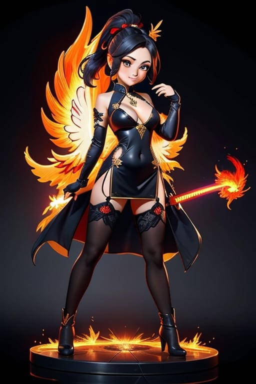 ((best quality)), ((masterpiece)), ((ultra-detailed)), high resolution, chibi girl, black ponytail, dark grey eyes, futuristic clothing, dynamic pose, cute, mischievous smile, happy, simple background, full body, 3DMM, chibi, dynamic pose, cyberpunk, black and red robe, long boots, phoenix robe, leather miniskirt, long_gloves, High detailed, 2 laser swords, cleavage, sexy cheongsam, necklace, belly button, fishnet stockings, translucent bunnysuit,  see_through, chibi, big head, showing belly button, mini pet phoenix on shoulder