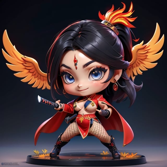 ((best quality)), ((masterpiece)), ((ultra-detailed)), high resolution, chibi girl, black ponytail, dark grey eyes, futuristic clothing, dynamic pose, cute, mischievous smile, happy, simple background, full body, 3DMM, chibi, dynamic pose, cyberpunk, black and red robe, long boots, phoenix robe, leather miniskirt, long_gloves, High detailed, katana, cleavage, sexy cheongsam, necklace, belly button, fishnet stockings, translucent bunnysuit,  see_through, chibi, big head, showing belly button, mini pet phoenix on shoulder