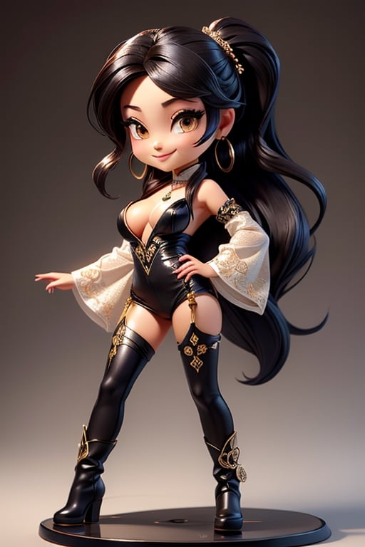 ((best quality)), ((masterpiece)), ((ultra-detailed)), high resolution, chibi girl, fluffy black hair, brown eyes, futuristic clothing, dynamic pose, cute, lite smile, happy, simple background, full body, 3DMM, High detailed, chibi, dynamic pose, cyberpunk, hanfu, showing shoulders, ear_ring, pony_tail, long boots, cleavage, necklace, big_boobs,High detailed 