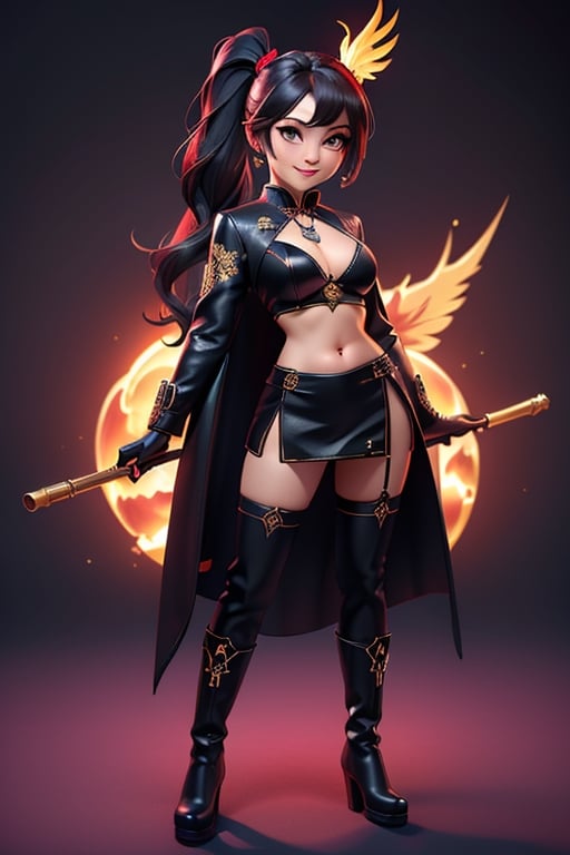 ((best quality)), ((masterpiece)), ((ultra-detailed)), high resolution, chibi girl, black ponytail, dark grey eyes, futuristic clothing, dynamic pose, cute, mischievous smile, happy, simple background, full body, 3DMM, chibi, dynamic pose, cyberpunk, black and red robe, long boots, big head, Color magic, Saturated colors, phoenix robe, leather miniskirt, long_gloves, High detailed , baton, cleavage, oppai, super chibi, sexy cheongsam, necklace, belly button, fishnet stockings