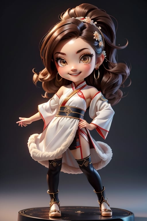 ((best quality)), ((masterpiece)), ((ultra-detailed)), high resolution, chibi girl, fluffy hair, brown eyes, futuristic clothing, dynamic pose, cute, lite smile, happy, simple background, full body, 3DMM, High detailed, chibi, dynamic pose, cyberpunk, hanfu, showing shoulders, ear_ring