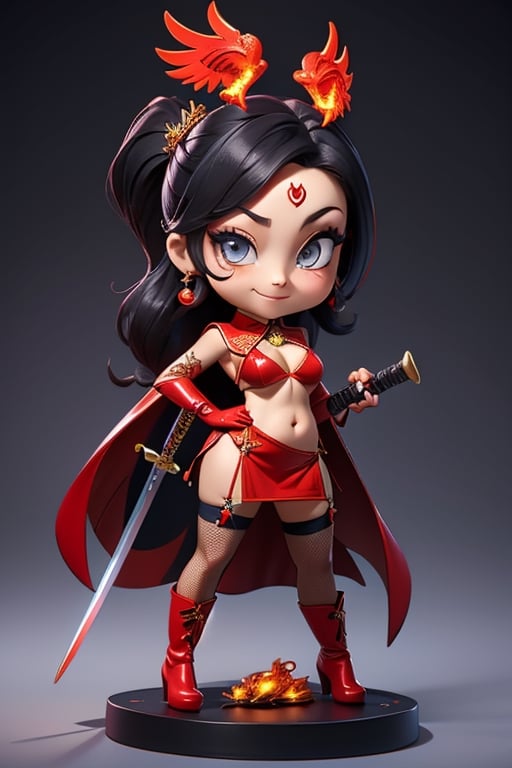 ((best quality)), ((masterpiece)), ((ultra-detailed)), high resolution, chibi girl, black ponytail, dark grey eyes, futuristic clothing, dynamic pose, cute, mischievous smile, happy, simple background, full body, 3DMM, chibi, dynamic pose, cyberpunk, black and red robe, long boots, phoenix robe, leather miniskirt, long_gloves, High detailed, 2 laser swords, cleavage, sexy cheongsam, necklace, belly button, fishnet stockings, translucent bunnysuit,  see_through, chibi, big head, showing belly button, mini pet phoenix