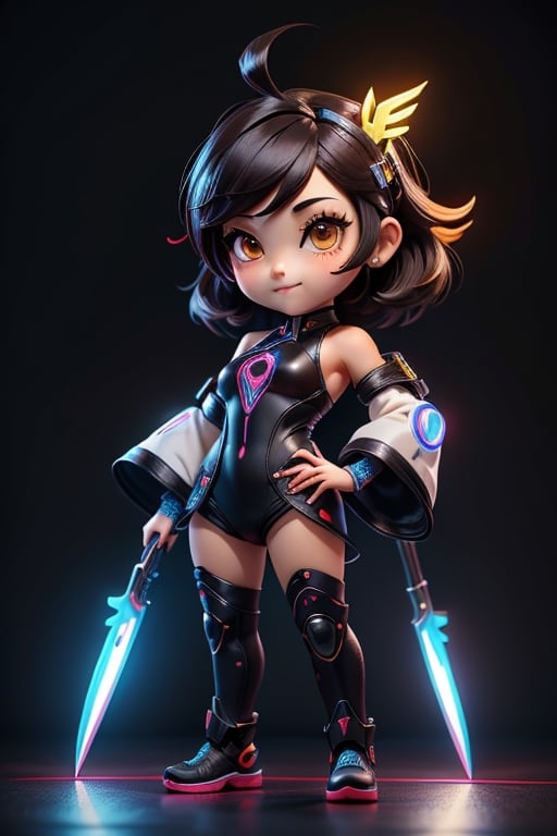 ((best quality)), ((masterpiece)), ((ultra-detailed)), high resolution, chibi girl, black fluffy hair, ahoge, brown eyes, futuristic clothing, dynamic pose, cute, happy, simple background, full body, 3DMM, High detailed, chibi, dynamic pose, cyberpunk, lime hanfu, holding cyberpunk neon giant blade, showing shoulders,