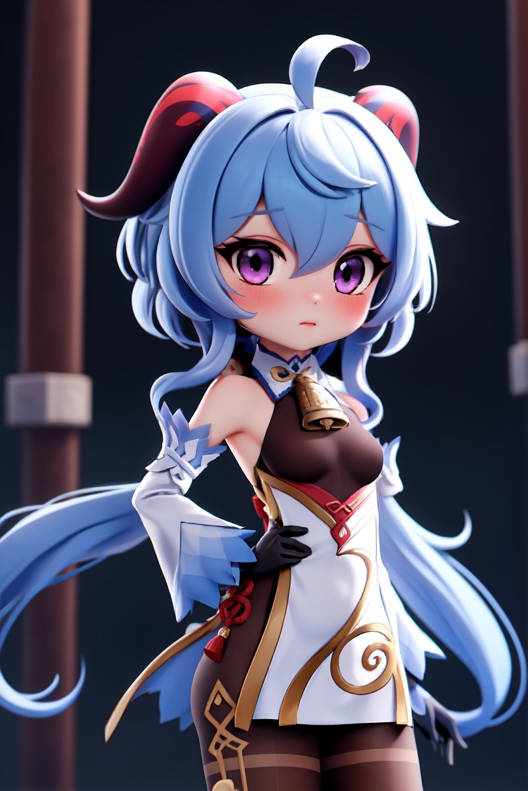 ganyu \(genshin impact\), chibi, pvc, render, 1girl, ahoge, bangs, bare shoulders, bell, black gloves, black pantyhose, ((blue hair)), blush, breasts, chinese knot, detached sleeves, flower knot, gloves, horns, long hair, looking at viewer, small breasts, neck bell, outdoors, pantyhose, purple eyes, sidelocks, solo, tassel, white sleeves, ((masterpiece)),chibi