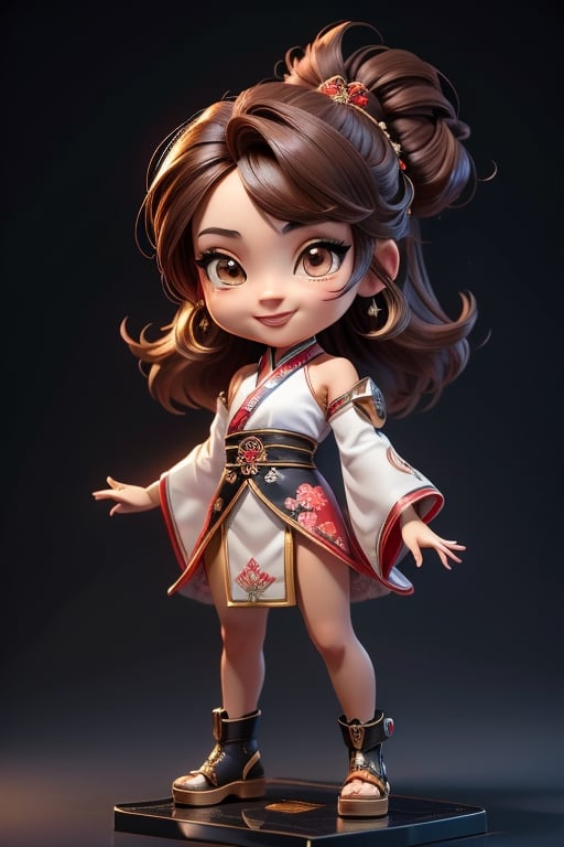 ((best quality)), ((masterpiece)), ((ultra-detailed)), high resolution, chibi girl, fluffy hair, brown eyes, futuristic clothing, dynamic pose, cute, lite smile, happy, simple background, full body, 3DMM, High detailed, chibi, dynamic pose, cyberpunk, hanfu, showing shoulders,