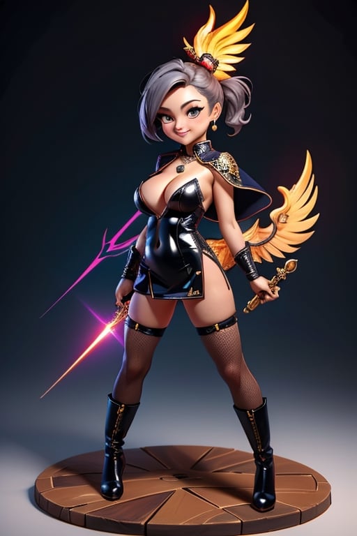 ((best quality)), ((masterpiece)), ((ultra-detailed)), high resolution, chibi girl, black ponytail, dark grey eyes, futuristic clothing, dynamic pose, cute, mischievous smile, happy, simple background, full body, 3DMM, chibi, dynamic pose, cyberpunk, black and red robe, long boots, big head, Color magic, Saturated colors, phoenix robe, leather miniskirt, long_gloves, High detailed , laser daggers, cleavage, oppai, short, sexy cheongsam, necklace, belly button, fishnet stockings, translucent bunnysuit, areola slip, see_through, transparent_clothing, chibi,chibi