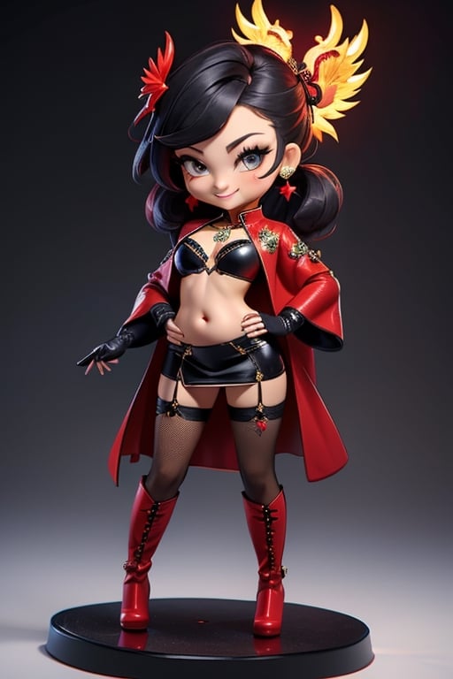((best quality)), ((masterpiece)), ((ultra-detailed)), high resolution, chibi girl, black ponytail, dark grey eyes, futuristic clothing, dynamic pose, cute, mischievous smile, happy, simple background, full body, 3DMM, chibi, dynamic pose, cyberpunk, black and red robe, long boots, phoenix robe, leather miniskirt, long_gloves, High detailed, laser daggers, cleavage, sexy cheongsam, necklace, belly button, fishnet stockings, translucent bunnysuit,  see_through, chibi, big head, showing belly button