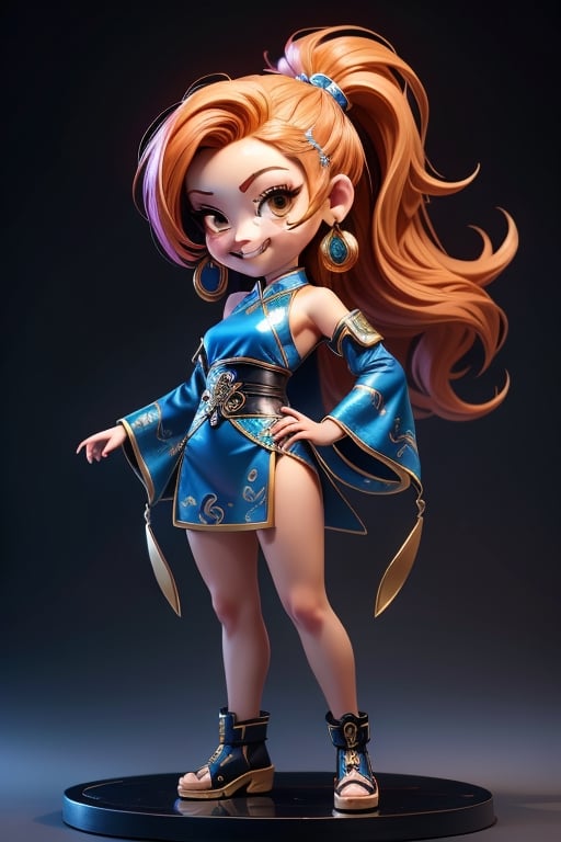 ((best quality)), ((masterpiece)), ((ultra-detailed)), high resolution, chibi girl, fluffy hair, brown eyes, futuristic clothing, dynamic pose, cute, lite smile, happy, simple background, full body, 3DMM, High detailed, chibi, dynamic pose, cyberpunk, hanfu, showing shoulders, ear_ring, pony_tail