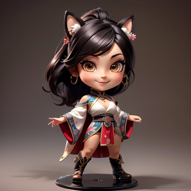 ((best quality)), ((masterpiece)), ((ultra-detailed)), high resolution, chibi girl, fluffy black hair, brown eyes, futuristic clothing, dynamic pose, cute, lite smile, happy, simple background, full body, 3DMM, High detailed, chibi, dynamic pose, cyberpunk, light hanfu, showing shoulders, ear_ring, pony_tail, long boots, cleavage, necklace, big head