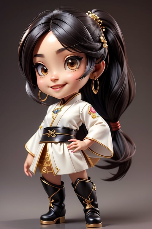 ((best quality)), ((masterpiece)), ((ultra-detailed)), high resolution, chibi girl, fluffy black hair, brown eyes, futuristic clothing, dynamic pose, cute, lite smile, happy, simple background, full body, 3DMM, High detailed, chibi, dynamic pose, cyberpunk, light hanfu, showing shoulders, ear_ring, pony_tail, long boots, cleavage, necklace, big head