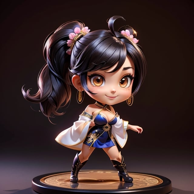 ((best quality)), ((masterpiece)), ((ultra-detailed)), high resolution, chibi girl, fluffy black hair, brown eyes, futuristic clothing, dynamic pose, cute, lite smile, happy, simple background, full body, 3DMM, High detailed, chibi, dynamic pose, cyberpunk, hanfu, showing shoulders, ear_ring, pony_tail, long boots, cleavage, necklace, big_boobs,High detailed , ahoge