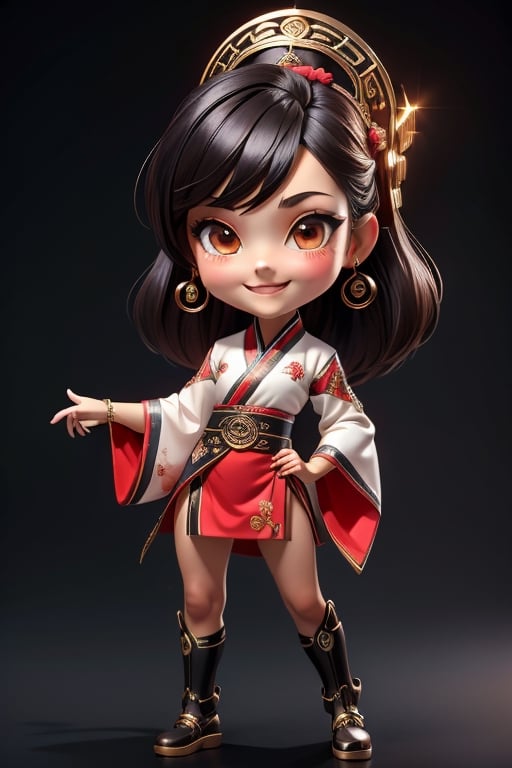 ((best quality)), ((masterpiece)), ((ultra-detailed)), high resolution, chibi girl, black hair, brown eyes, futuristic clothing, dynamic pose, cute, smile, happy, simple background, full body, 3DMM, High detailed, chibi, smiling, dynamic pose, cyberpunk, hanfu