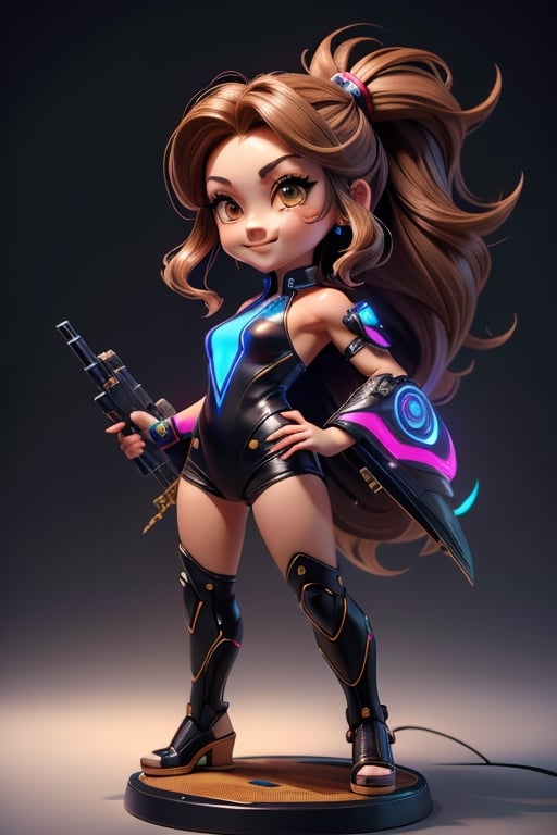 ((best quality)), ((masterpiece)), ((ultra-detailed)), high resolution, chibi girl, fluffy hair, brown eyes, futuristic clothing, dynamic pose, cute, lite smile, happy, simple background, full body, 3DMM, High detailed, chibi, dynamic pose, cyberpunk, hanfu, holding cyberpunk neon weapon, showing shoulders,