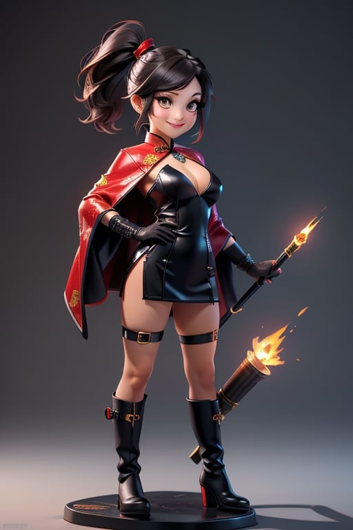 ((best quality)), ((masterpiece)), ((ultra-detailed)), high resolution, chibi girl, black ponytail, dark grey eyes, futuristic clothing, dynamic pose, cute, mischievous smile, happy, simple background, full body, 3DMM, chibi, dynamic pose, cyberpunk, black and red robe, long boots, big head, Color magic, Saturated colors, phoenix robe, leather miniskirt, long_gloves, High detailed , baton, cleavage, oppai, chibi, sexy cheongsam, necklace, 