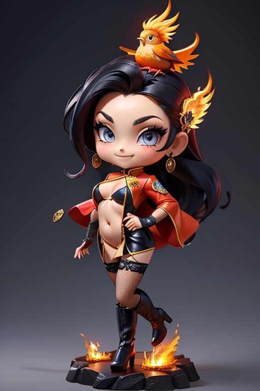 ((best quality)), ((masterpiece)), ((ultra-detailed)), high resolution, chibi girl, black ponytail, dark grey eyes, futuristic clothing, dynamic pose, cute, mischievous smile, happy, simple background, full body, 3DMM, chibi, dynamic pose, cyberpunk, black and red robe, long boots, phoenix robe, leather miniskirt, long_gloves, High detailed, sword, cleavage, sexy cheongsam, necklace, belly button, fishnet stockings, translucent bunnysuit,  see_through, chibi, big head, showing belly button, mini fire orange bird sitting on head