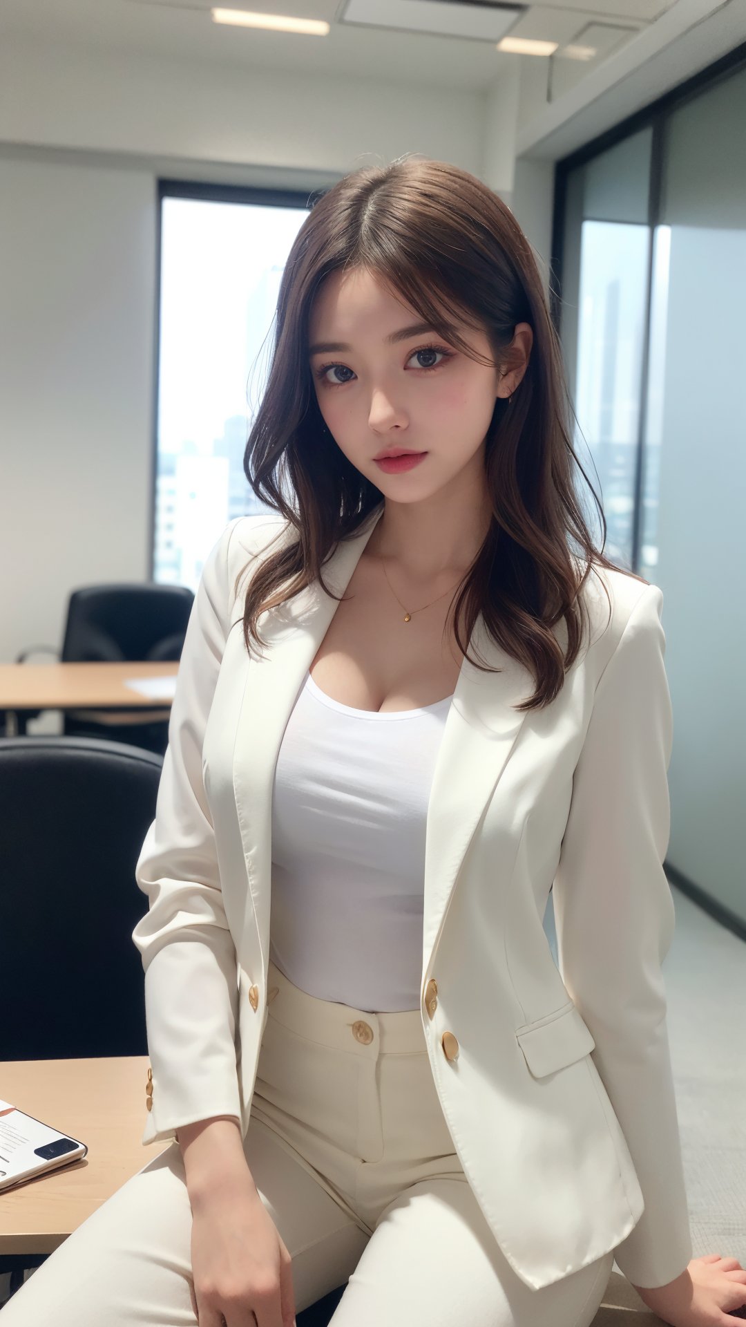 photorealistic:1.37, masterpiece, best quality, raw photo, absurdres, uhd, 1girl, wavy hair, brown hair , looking at viewer, in the large meeting room of the office in the high tower office building in  Tokyo ,Tokyo tower,intricate detail, detailed background, detailed skin, pore, highres, hdr , presentation to ten men , beautiful model, soft light to the face,JP_MODELS , midium breasts, a 30 yo woman ,((white shirts,pants suits )),blurry_light_background