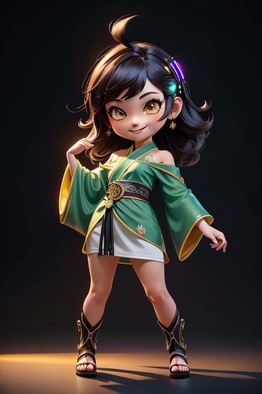 ((best quality)), ((masterpiece)), ((ultra-detailed)), high resolution, chibi girl, black fluffy hair, ahoge, brown eyes, futuristic clothing, dynamic pose, cute, smile, happy, simple background, full body, 3DMM, High detailed, chibi, dynamic pose, cyberpunk, green hanfu, holding cyberpunk neon katar, showing shoulders,
