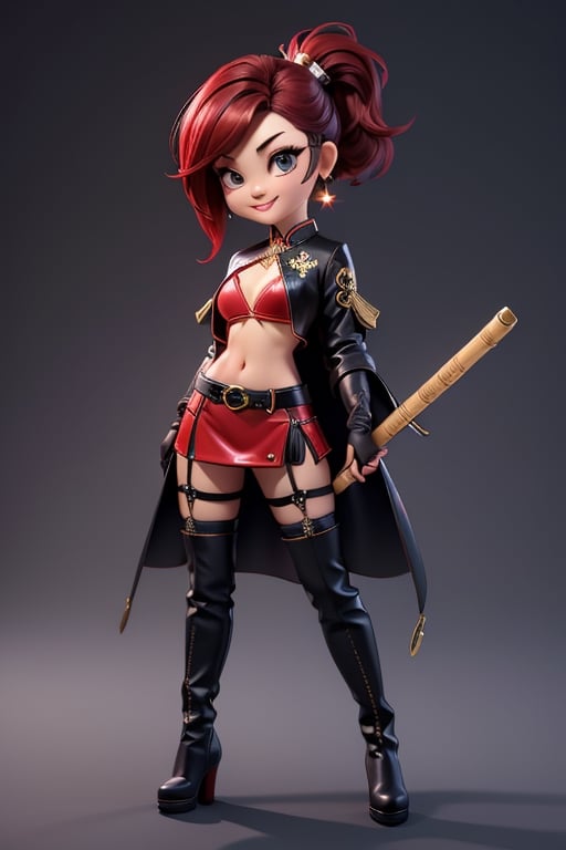 ((best quality)), ((masterpiece)), ((ultra-detailed)), high resolution, chibi girl, black ponytail, dark grey eyes, futuristic clothing, dynamic pose, cute, mischievous smile, happy, simple background, full body, 3DMM, chibi, dynamic pose, cyberpunk, black and red robe, long boots, big head, Color magic, Saturated colors, phoenix robe, leather miniskirt, long_gloves, High detailed , bamboo baton, cleavage, oppai, super chibi, sexy cheongsam, necklace, belly button, fishnet stockings