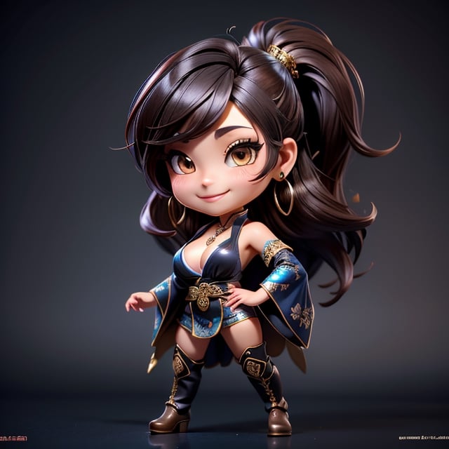 ((best quality)), ((masterpiece)), ((ultra-detailed)), high resolution, chibi girl, fluffy black hair, brown eyes, futuristic clothing, dynamic pose, cute, lite smile, happy, simple background, full body, 3DMM, High detailed, chibi, dynamic pose, cyberpunk, hanfu, showing shoulders, ear_ring, pony_tail, long boots, cleavage, necklace, big_boobs,High detailed , ahoge, standing on metallic floor 