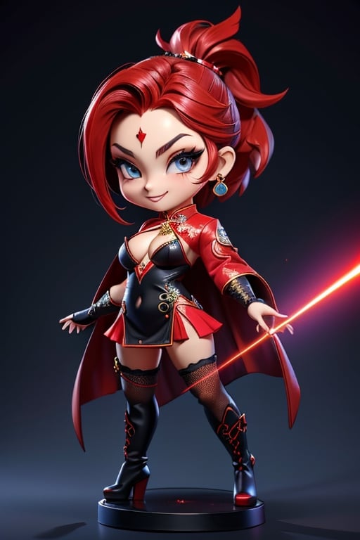 ((best quality)), ((masterpiece)), ((ultra-detailed)), high resolution, chibi girl, black ponytail, dark grey eyes, futuristic clothing, dynamic pose, cute, mischievous smile, happy, simple background, full body, 3DMM, chibi, dynamic pose, cyberpunk, black and red robe, long boots, phoenix robe, leather miniskirt, long_gloves, High detailed, laser daggers, cleavage, sexy cheongsam, necklace, belly button, fishnet stockings, translucent bunnysuit,  see_through, chibi, big head,