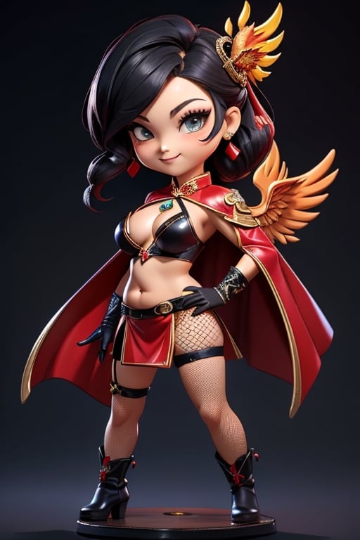 ((best quality)), ((masterpiece)), ((ultra-detailed)), high resolution, chibi girl, black ponytail, dark grey eyes, futuristic clothing, dynamic pose, cute, mischievous smile, happy, simple background, full body, 3DMM, chibi, dynamic pose, cyberpunk, black and red robe, long boots, phoenix robe, leather miniskirt, long_gloves, High detailed, katana, cleavage, sexy cheongsam, necklace, belly button, fishnet stockings, translucent bunnysuit,  see_through, chibi, big head, showing belly button, mini pet phoenix on shoulder