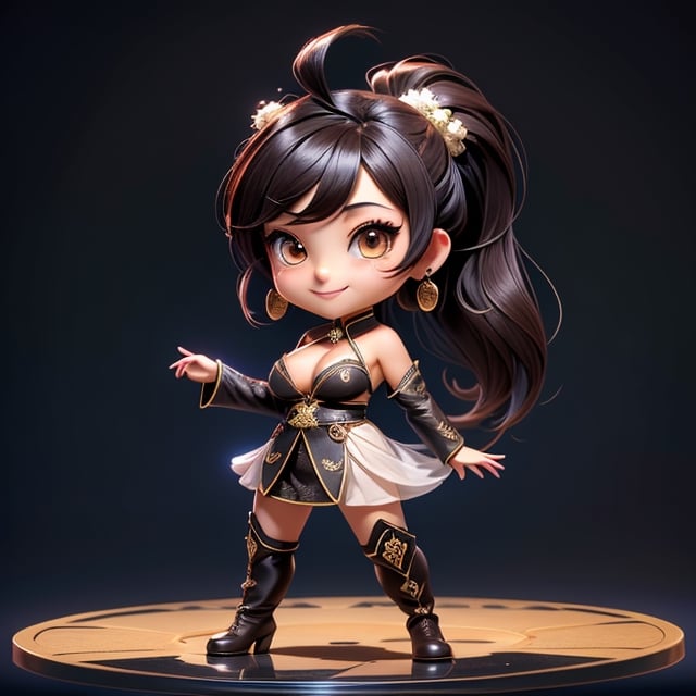 ((best quality)), ((masterpiece)), ((ultra-detailed)), high resolution, chibi girl, fluffy black hair, brown eyes, futuristic clothing, dynamic pose, cute, lite smile, happy, simple background, full body, 3DMM, High detailed, chibi, dynamic pose, cyberpunk, hanfu, showing shoulders, ear_ring, pony_tail, long boots, cleavage, necklace, big_boobs,High detailed , ahoge, standing on floor