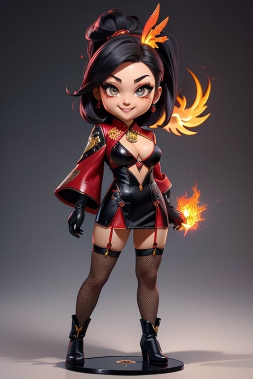((best quality)), ((masterpiece)), ((ultra-detailed)), high resolution, chibi girl, black ponytail, dark grey eyes, futuristic clothing, dynamic pose, cute, mischievous smile, happy, simple background, full body, 3DMM, chibi, dynamic pose, cyberpunk, black and red robe, long boots, phoenix robe, leather miniskirt, long_gloves, High detailed, laser daggers, cleavage, sexy cheongsam, necklace, belly button, fishnet stockings, translucent bunnysuit,  see_through, chibi, big head,