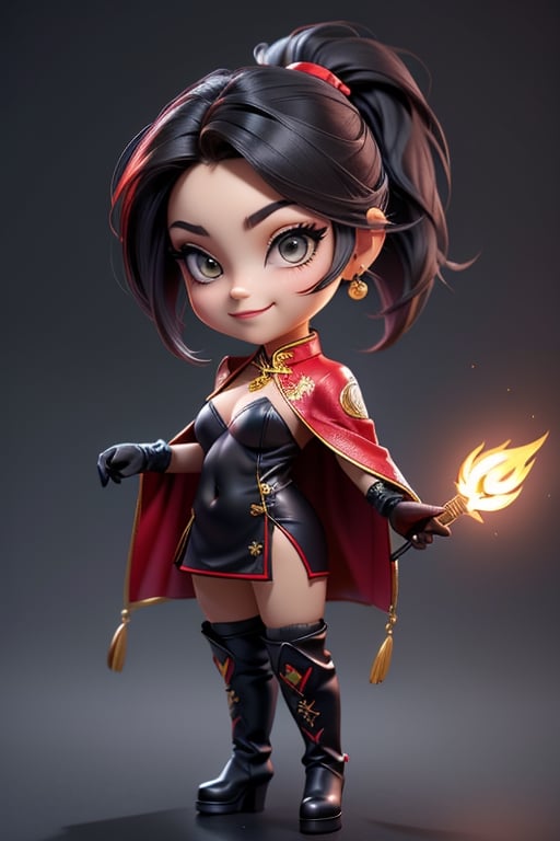 ((best quality)), ((masterpiece)), ((ultra-detailed)), high resolution, chibi girl, black ponytail, dark grey eyes, futuristic clothing, dynamic pose, cute, mischievous smile, happy, simple background, full body, 3DMM, chibi, dynamic pose, cyberpunk, black and red robe, long boots, big head, Color magic, Saturated colors, phoenix robe, leather miniskirt, long_gloves, High detailed , baton, cleavage, oppai, chibi, sexy cheongsam, necklace, belly button, fishnet