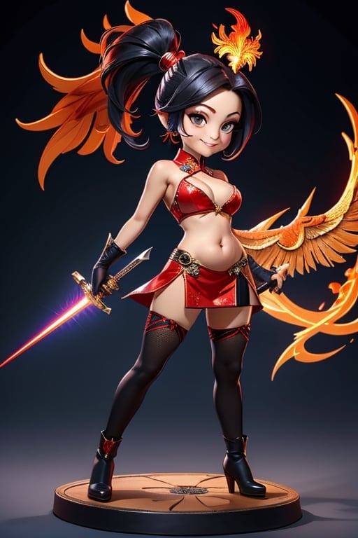 ((best quality)), ((masterpiece)), ((ultra-detailed)), high resolution, chibi girl, black ponytail, dark grey eyes, futuristic clothing, dynamic pose, cute, mischievous smile, happy, simple background, full body, 3DMM, chibi, dynamic pose, cyberpunk, black and red robe, long boots, phoenix robe, leather miniskirt, long_gloves, High detailed, 2 laser swords, cleavage, sexy cheongsam, necklace, belly button, fishnet stockings, translucent bunnysuit,  see_through, chibi, big head, showing belly button, mini pet phoenix