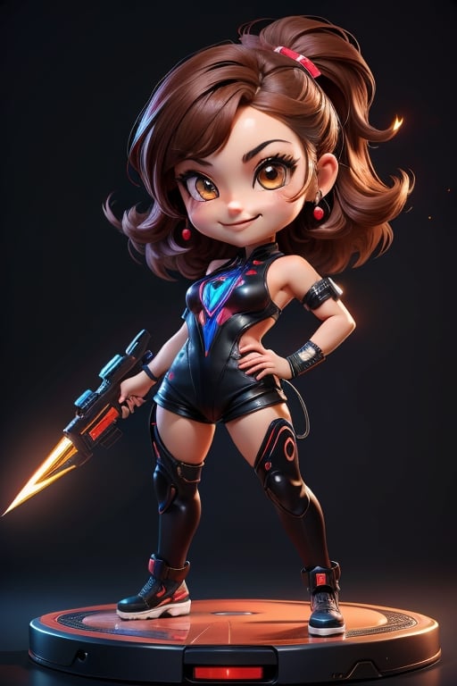 ((best quality)), ((masterpiece)), ((ultra-detailed)), high resolution, chibi girl, fluffy hair, brown eyes, futuristic clothing, dynamic pose, cute, lite smile, happy, simple background, full body, 3DMM, High detailed, chibi, dynamic pose, cyberpunk, red hanfu, holding cyberpunk neon weapon, showing shoulders,