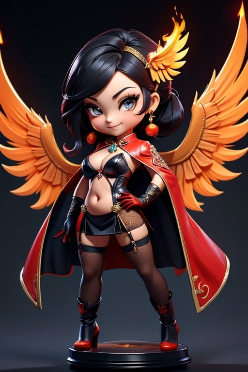 ((best quality)), ((masterpiece)), ((ultra-detailed)), high resolution, chibi girl, black ponytail, dark grey eyes, futuristic clothing, dynamic pose, cute, mischievous smile, happy, simple background, full body, 3DMM, chibi, dynamic pose, cyberpunk, black and red robe, long boots, phoenix robe, leather miniskirt, long_gloves, High detailed, black leather bra with red corset, sword, cleavage, sexy cheongsam, necklace, belly button, fishnet stockings, translucent bunnysuit,  see_through, chibi, big head, showing belly button, mini fire orange bird sitting on head