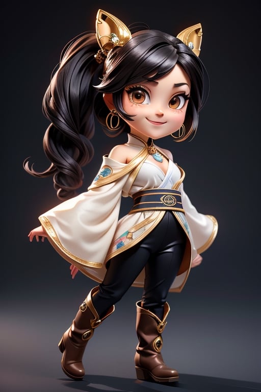 ((best quality)), ((masterpiece)), ((ultra-detailed)), high resolution, chibi girl, fluffy black hair, brown eyes, futuristic clothing, dynamic pose, cute, lite smile, happy, simple background, full body, 3DMM, High detailed, chibi, dynamic pose, cyberpunk, light hanfu, showing shoulders, ear_ring, pony_tail, long boots, cleavage, necklace, big head